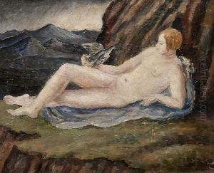 Reclinging Nude With Dove In A Mountainous Landscape (portrait Of Henrietta Bingham) by Dora Carrington