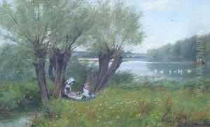 Young Girls With Flowers On A River Bank