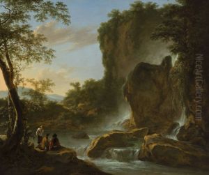 Men resting in a wooded mountain landscape with waterfalls by Jan Both