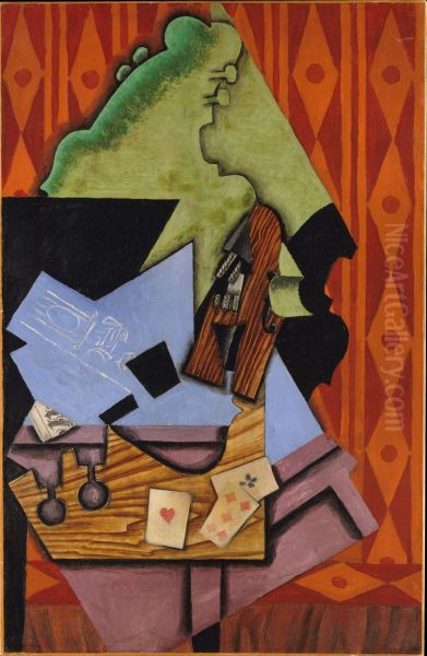 Violin and Playing Cards on a Table - view 1
