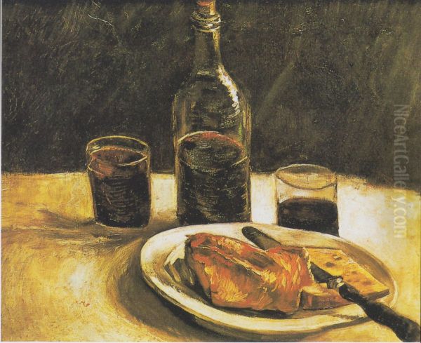 Still life with bottle, two glasses, cheese and bread - view 1