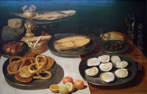 Stilleven van oesters, vis, krakelingen, bekerschroef en glaswerk by Jacob van Es