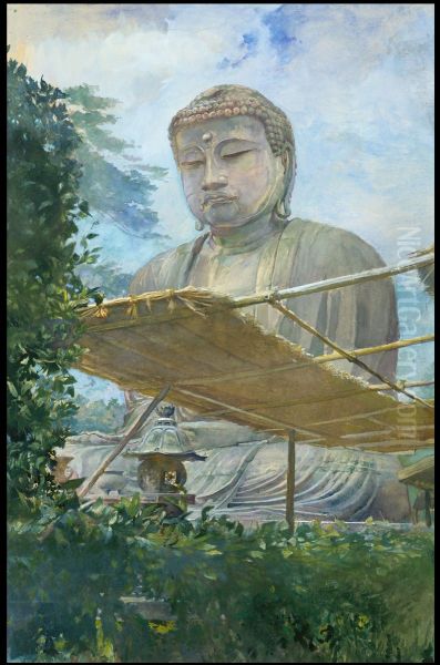 The Great Statue of Amida Buddha at Kamakura, Known as the Daibutsu, from the Priest's Garden - view 1