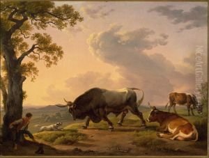 Een stier aangevallen door een hond in een Italiaans landschap by Hendrik Voogd