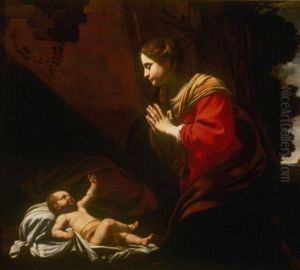 Maria in aanbidding voor Christus by Simon Vouet