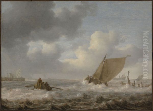 Riviermond met schepen bij stormachtig weer - view 1