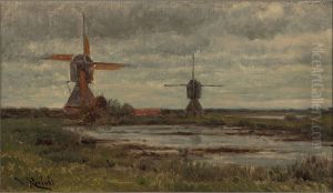 Polderlandschap met molens by Willem Roelofs