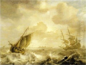 Shipping on choppy waters off the coast; a town in the distance by Jan Peeters the Elder