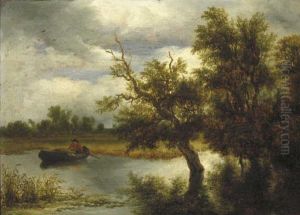 Bomen aan een plas met roeiboot by Jacob Van Ruisdael