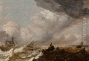 Schepen in stormachtig weer by Pieter Mulier the Elder