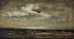 Moonlit view of a beach by Charles-Francois Daubigny