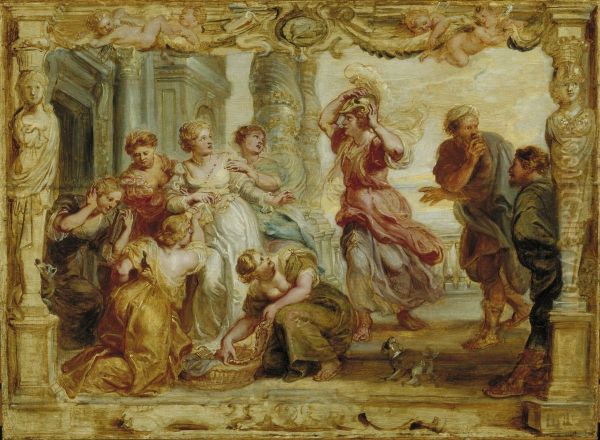 Achilles, dressed up in women's clothing, among the daughters of Lycomedes, recognised by Odysseus and Diomedes - view 1