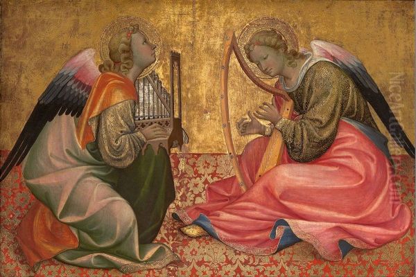 Two seated angels making music. - view 1