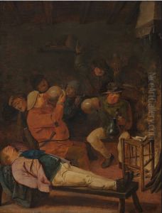 Herbergscene met zuipende, brakende en dronken boeren