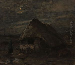 Heide met schaapskooi bij maanlicht by Sina Mesdag-van Houten