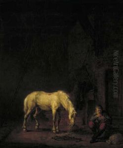 Stal met wit paard by Louis Moritz