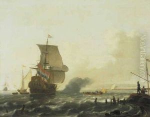 Een Hollands oorlogsschip voor een kust; rechtsvoor kijken drie mensen uit over het water Een Hollands oorlogsschip voor een kust; rechtsvoor kijken drie mensen uit over het water