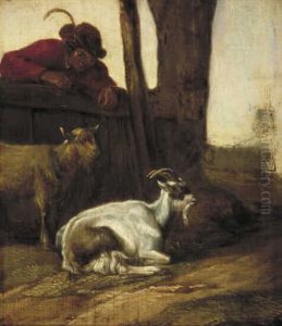 Jongen die naar een geit en een bok kijkt by Cornelis Saftleven