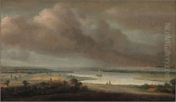 Vlak landschap met brede rivier - view 1