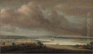 Vlak landschap met brede rivier by Philips Koninck
