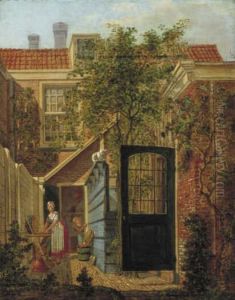 Binnenplaats met een vrouw en een kind by Johannes Jelgerhuis
