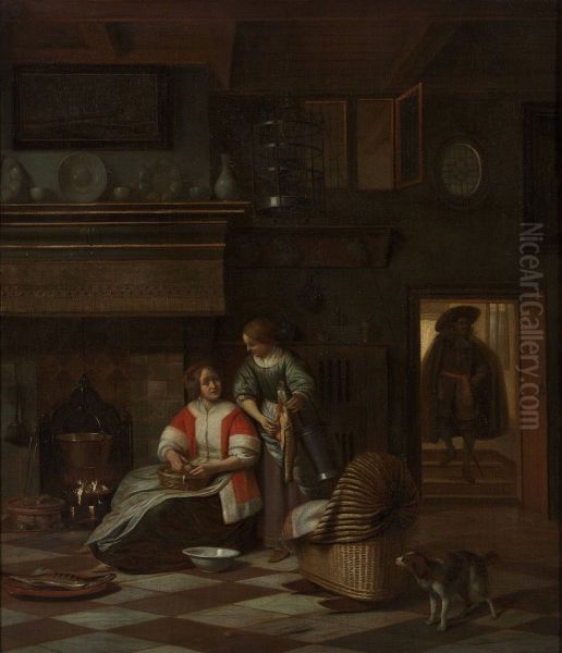 Kitchen interior with a woman and a maid preparing food - view 1