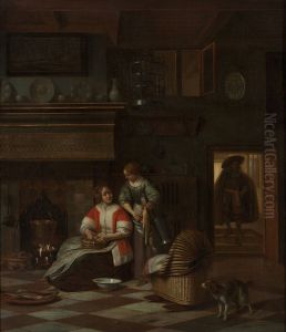 Kitchen interior with a woman and a maid preparing food by Pieter De Hooch