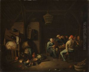 Interior of a barn with a company at table (twelfth night)
