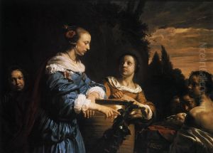 Group portrait of a mother with children, depicted as pharaoh's daughter with Moses in the reed basket by Jan De Bray