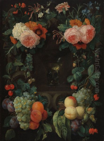 Nis met een roemer, omgeven door een krans van bloemen en vruchten - view 1