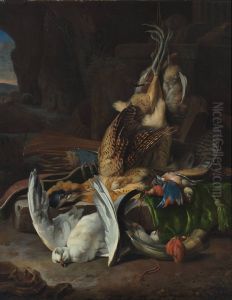 Dood gevogelte en jachtgerei by Melchior D'Hondecoeter
