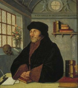Portrait of Erasmus at his writing table by Hans Holbein the Younger