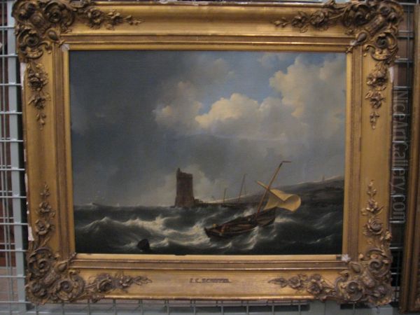 Woelige zee, rechts het strand met een vuurtoren - view 1