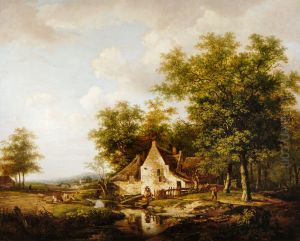 Landschap met rechts een boerderij tussen hoge bomen by Andreas Schelfhout