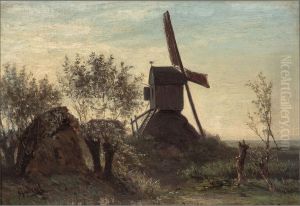 Molen aan een brede sloot met knotwilgen by Paul Joseph Constantine Gabriel