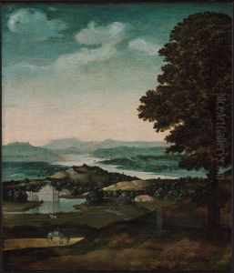 Panoramisch landschap met grazende ezel (fragment van een Rust op de vlucht naar Egypte)