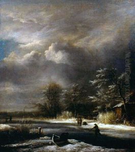 Winterlandschap met schaatsenrijders onder een bewolkte lucht by Jacob Van Ruisdael