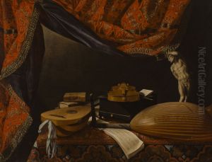 Still life with Musical Instruments, Books and Sculpture by Evaristo Baschenis