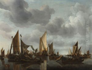 Kalme zee met zeilschepen by Jan Van De Cappelle