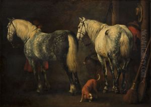 Interieur van een stal met twee appelschimmels by Abraham Van Calraet