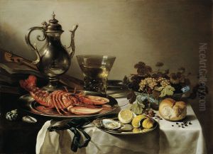 Tafel mit Hummer, Silberkanne, grossem Berkemeyer, Fruchteschale, Violine und Buchern