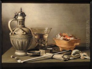 Still Life with a Stoneware Jug, Berkemeyer and Smoking Utensils by Pieter Claesz