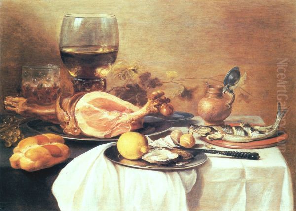 A ham, a herring, oysters, a lemon, bread, onions, grapes and a "roemer" (wine glass of that period) on a table - view 1