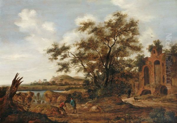 Bewaldete Flusslandschaft mit Reisenden an alter Ruine. - view 1