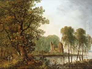 Romantiskt insjolandskap med ruin