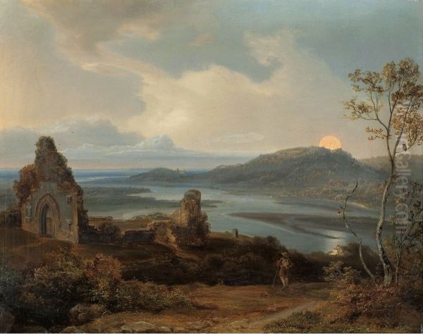 Ruin of a chapel near a river with rising moon - view 1