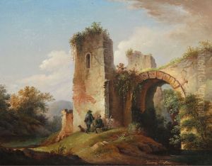 Two huntsmen near castle ruin