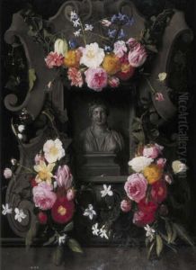 Bloemen op een relief met een nis, waarin een borstbeeld van Flora