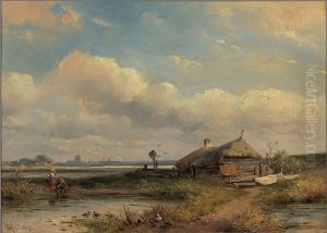 Landschap met boerderij aan een plas