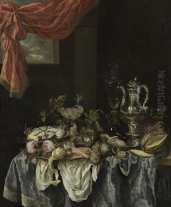 Sumptuous still-life with glass- and silverware, fruit, shellfish and a watch on a dark tablecloth
